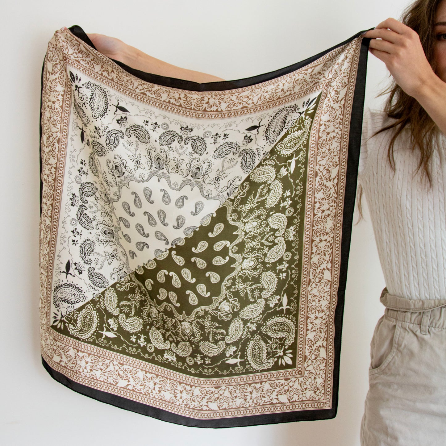 Paisley Olive Silk Print Scarf